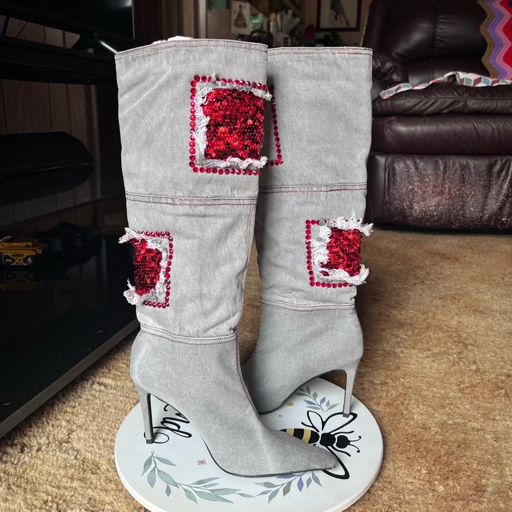 Woman’s multi-color red stone denim pointy toe knee-high boots.